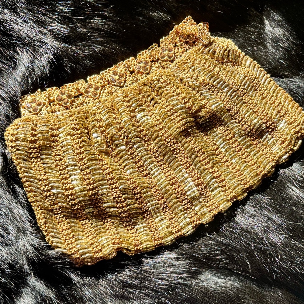 Vintage Clara Kasavina Gold Beaded Rhinestone Evening Clutch Bag Optional Chain
